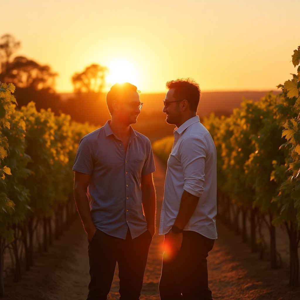 Founders in Australian vineyard at sunset