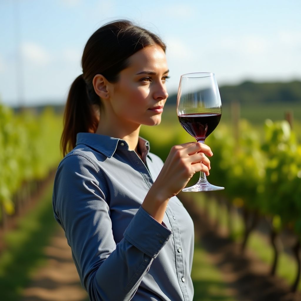 Wine expert examining wine in vineyard